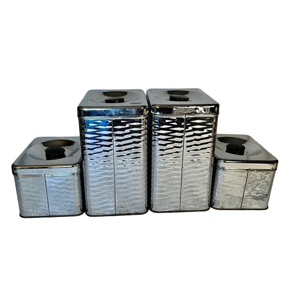 Vintage 4 Piece MCM Chrome/Black Wavy Diamond Textured Canister Set READ